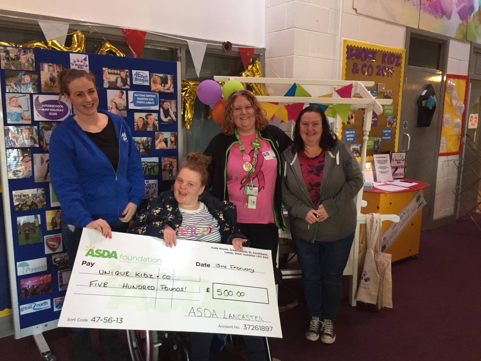 Asda Community Champion Hayley drops off cheque at Unique Kidz and Co for winning the green token giving programme